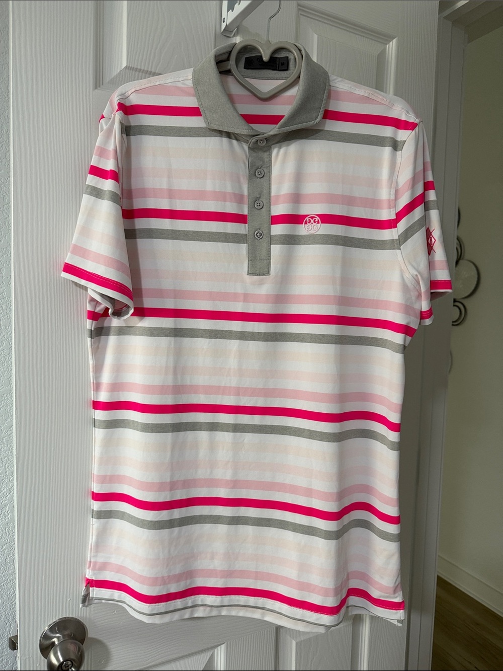 G/FORE Pink, Gray and White Striped Polo